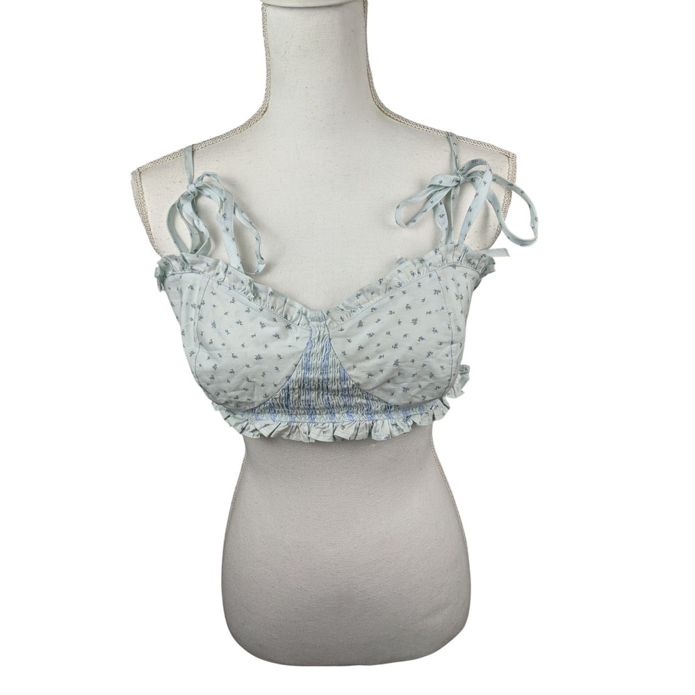 PINK Victoria's Secret Blue Floral Ruffle Smocked Bralette Crop Top Womens Large